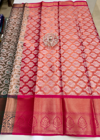 Bridal tissue saree for women with woven zari work and contrast border, kanchipuram style powerloom saree with blouse fabric