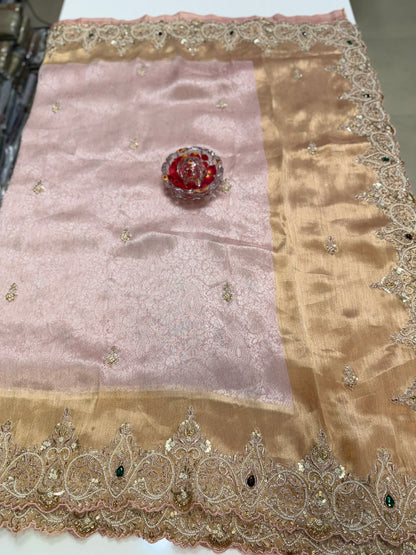 Pink Pure Ziraf Silk Saree with Jari, Moti, Cut Dana & Emerald Heavy Work – Bridal Designer Saree for Women