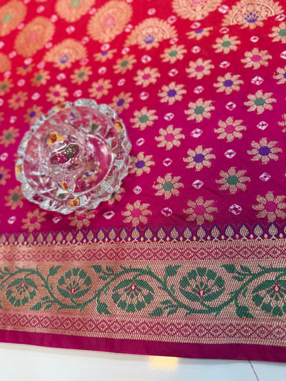 Banarasi dupiyan bandhani saree with semi-weaving neemjari work and hand chunri craftsmanship