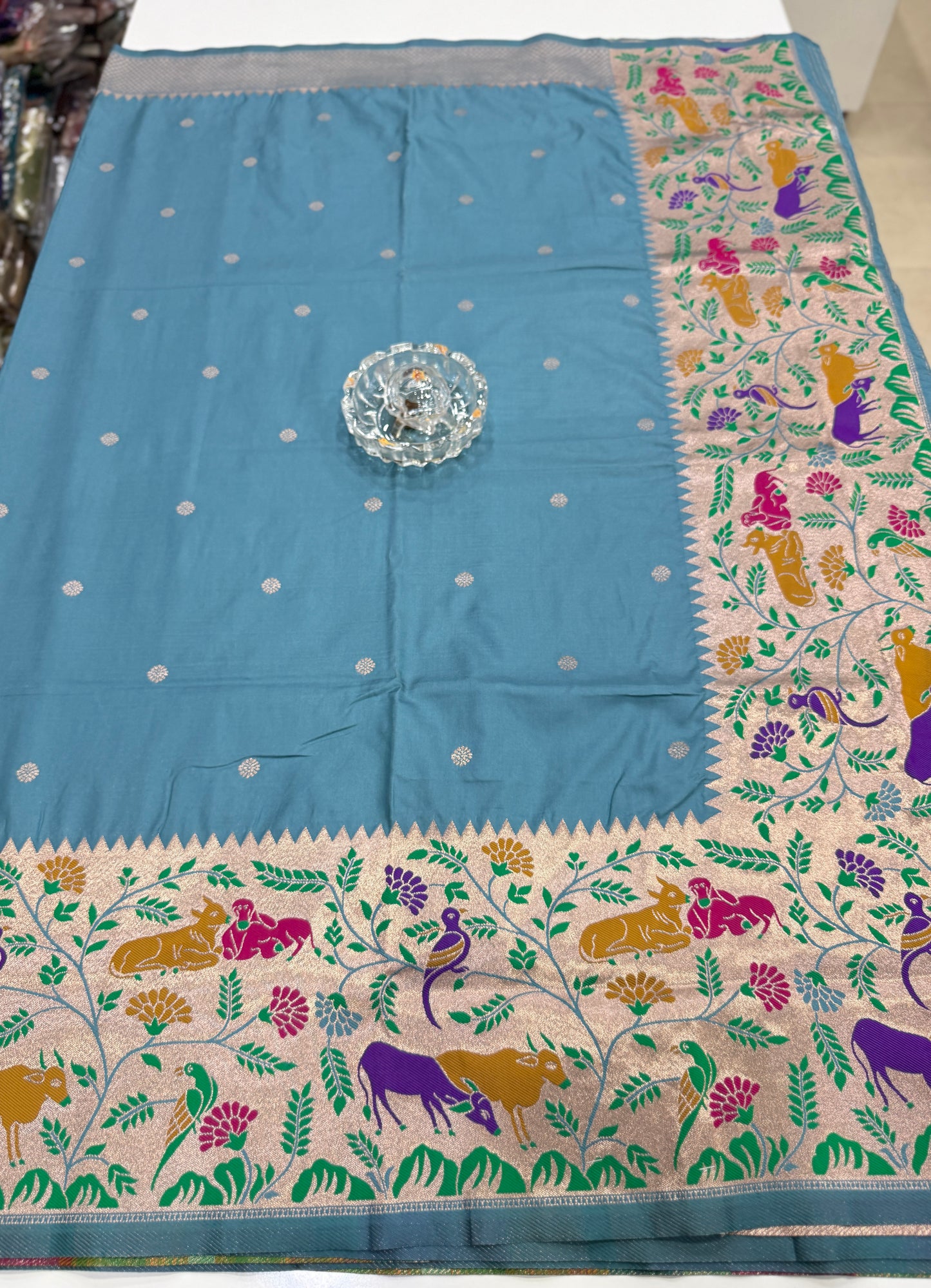 Paithani printed soft silk saree with zari-style border and contrast blouse for women