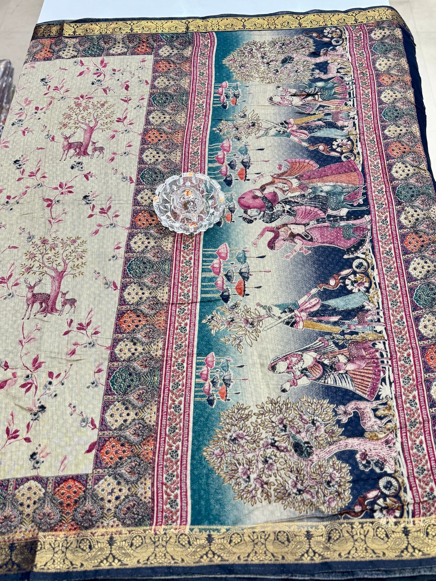 Chennuri silk style printed saree with traditional artwork border and unstitched blouse fabric for women