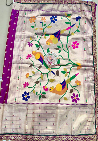 Paithani Lace Border Saree with Parrot Motifs and Contrast Blouse