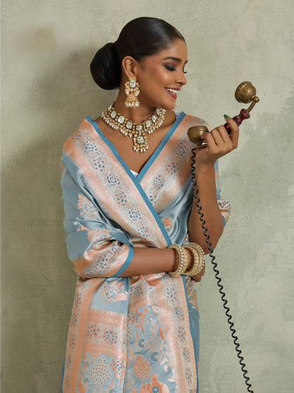 Satin Silk Saree with Zari Weaving and Meenakari Pallu for Women