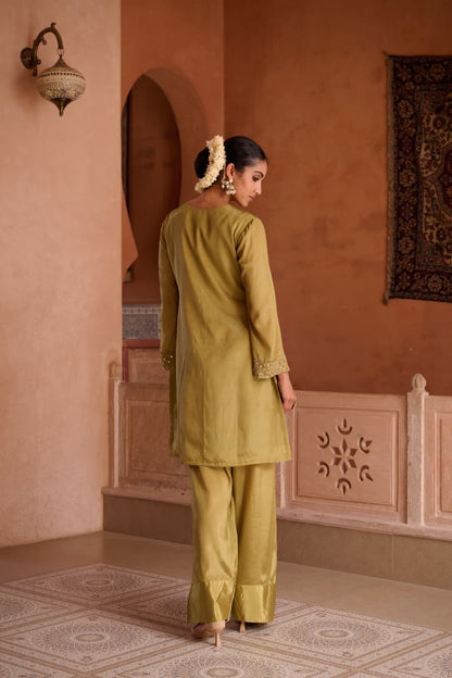 Embroidered HO Silk Glass Shimmer Kurta Farsi Pant Dupatta Set for Women