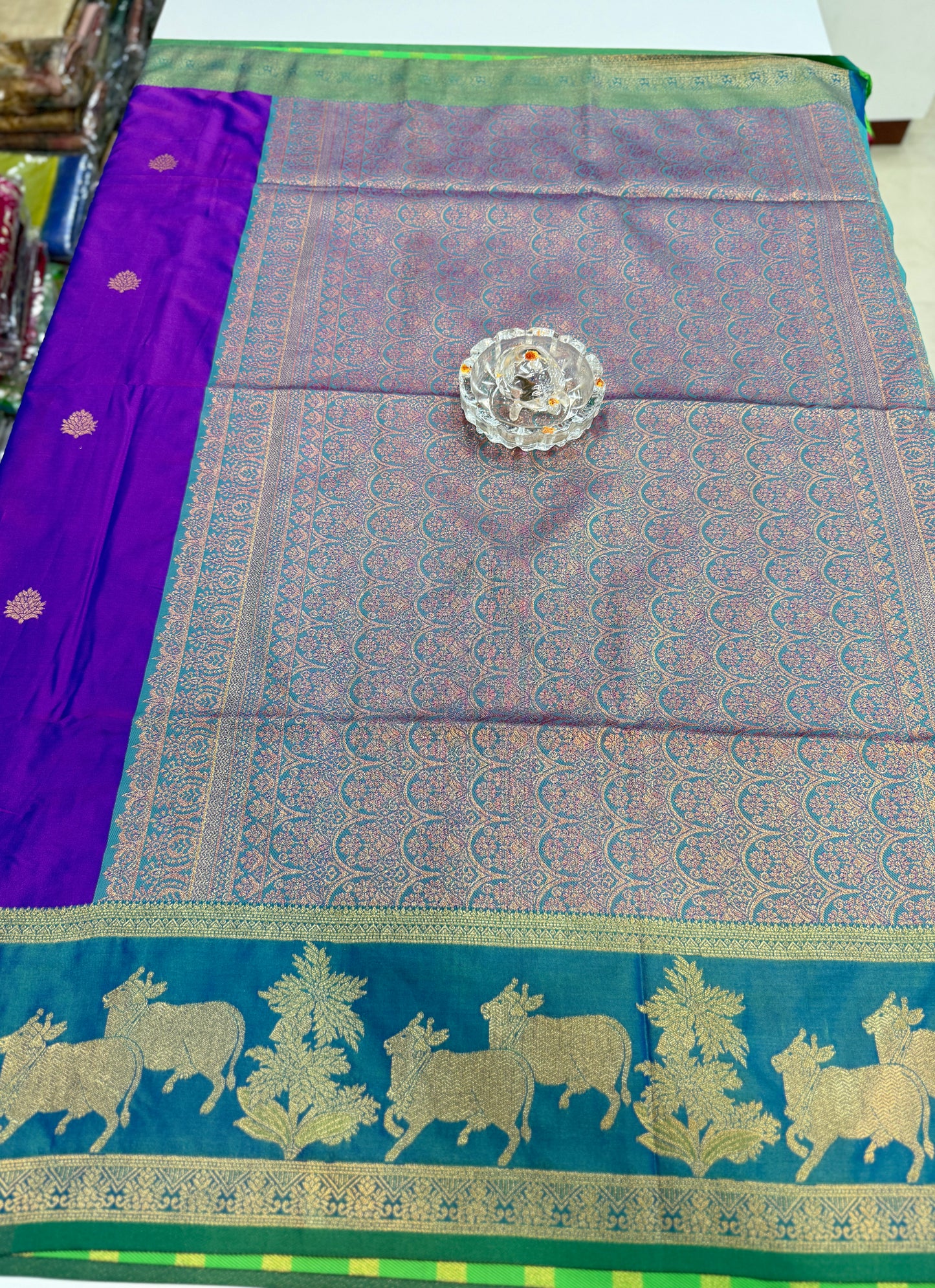 Handloom styled Silk Pichwai Saree with Woven Border and Contrast Blouse