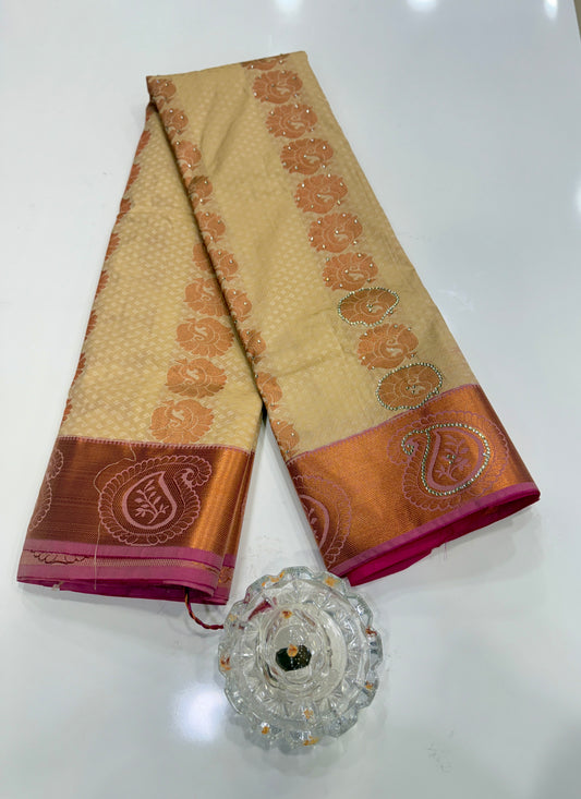Soft Silk Saree with Cutwork and Stone Embellishments for Women