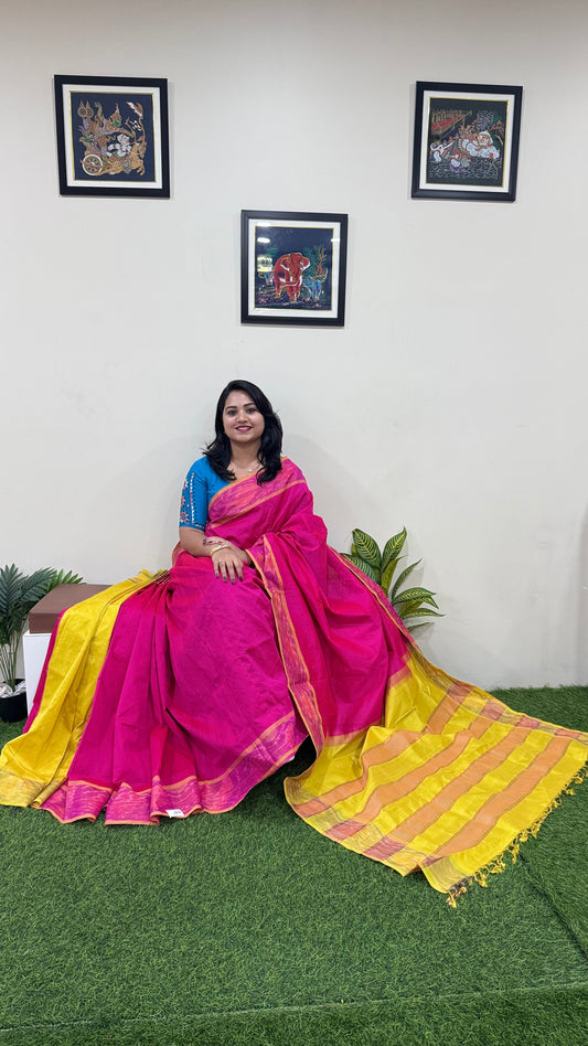 Venkatagiri Silk Cotton Saree with Zari Pochampally Border, Contrast Pallu and Blouse for Women