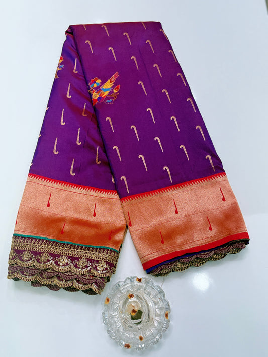 Paithani Lace Border Soft Silk Saree with Contrast Blouse for Women