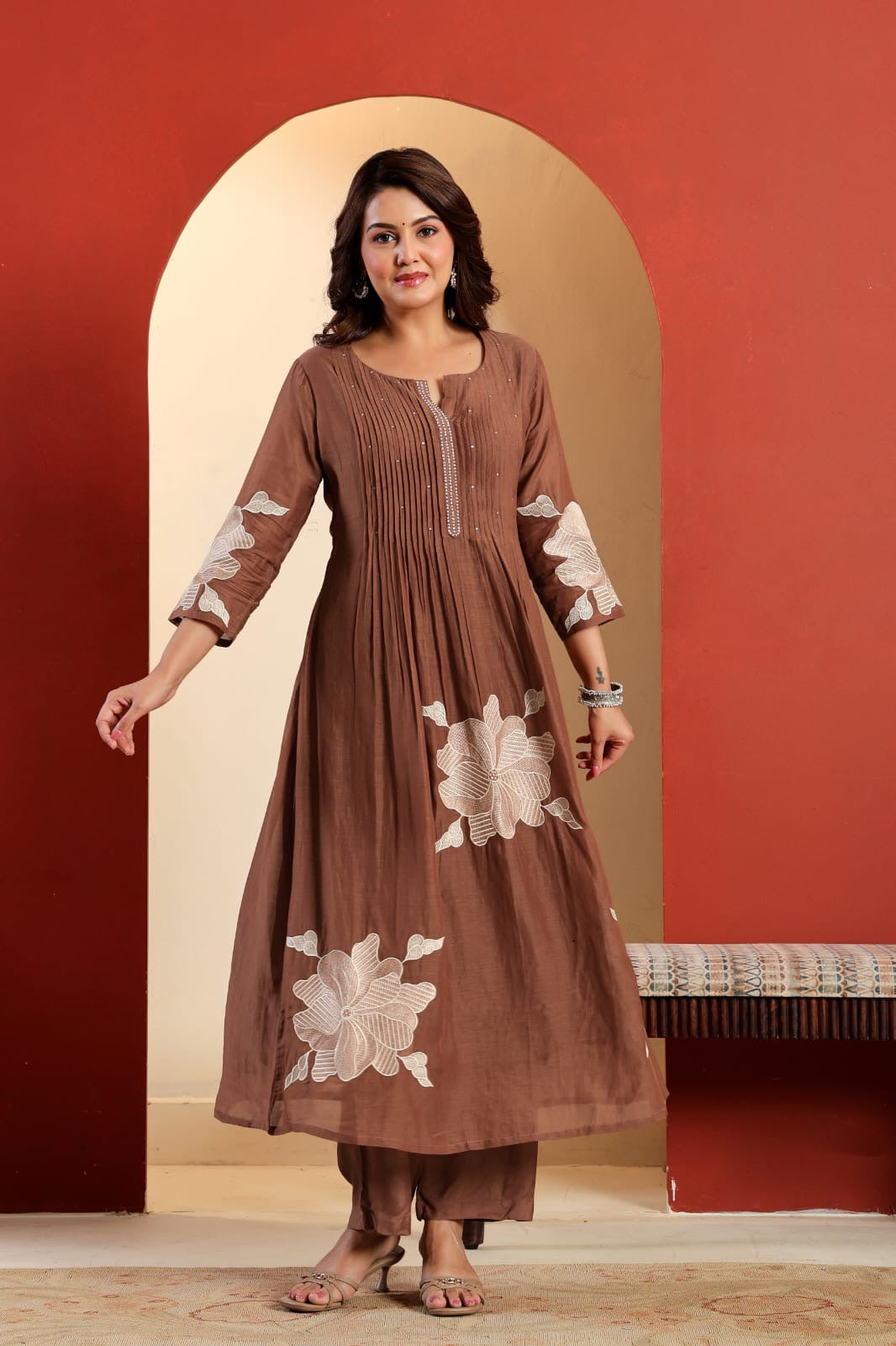 Mul Chanderi Kurta Set with Pintuck and Floral Embroidery, Shantoon Pant and Chanderi Dupatta