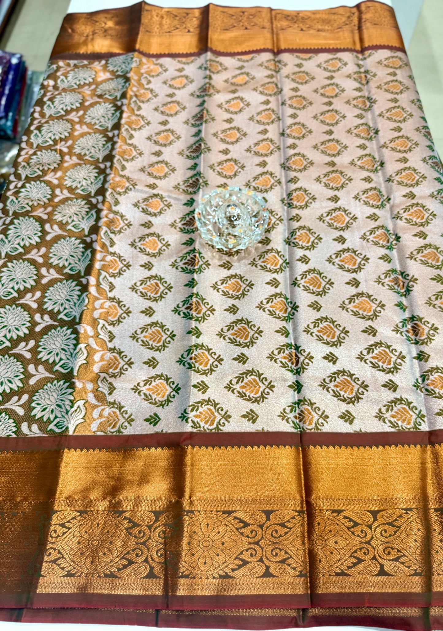 Bridal tissue saree for women with woven zari work and contrast border, kanchipuram style powerloom saree with blouse fabric