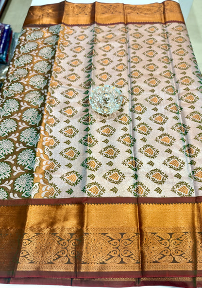 Bridal tissue saree for women with woven zari work and contrast border, kanchipuram style powerloom saree with blouse fabric