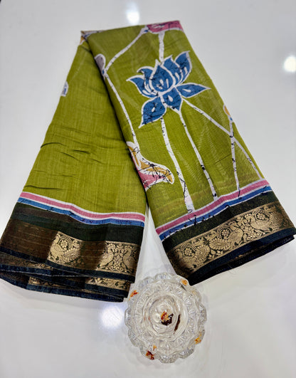 Chennuri silk style printed saree with traditional artwork border and unstitched blouse fabric for women