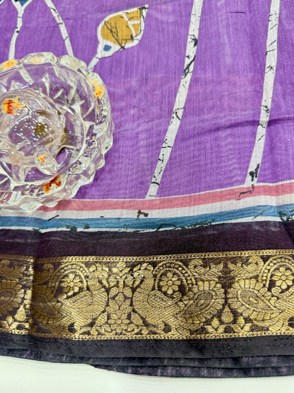 Chennuri silk style printed saree with traditional artwork border and unstitched blouse fabric for women