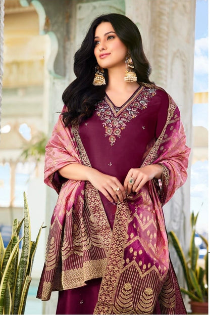 Dola Silk Kurti Set with Russian Silk Pant and Jacquard Dupatta – Handwork Ethnic Set for Women