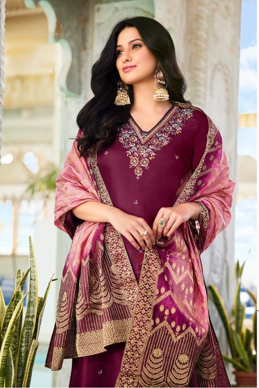 Dola Silk Kurti Set with Russian Silk Pant and Jacquard Dupatta – Handwork Ethnic Set for Women