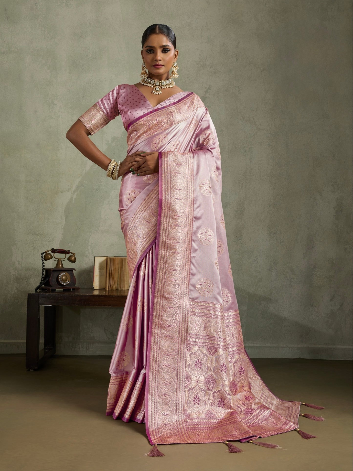 Satin Silk Saree with Zari Weaving and Meenakari Pallu for Women