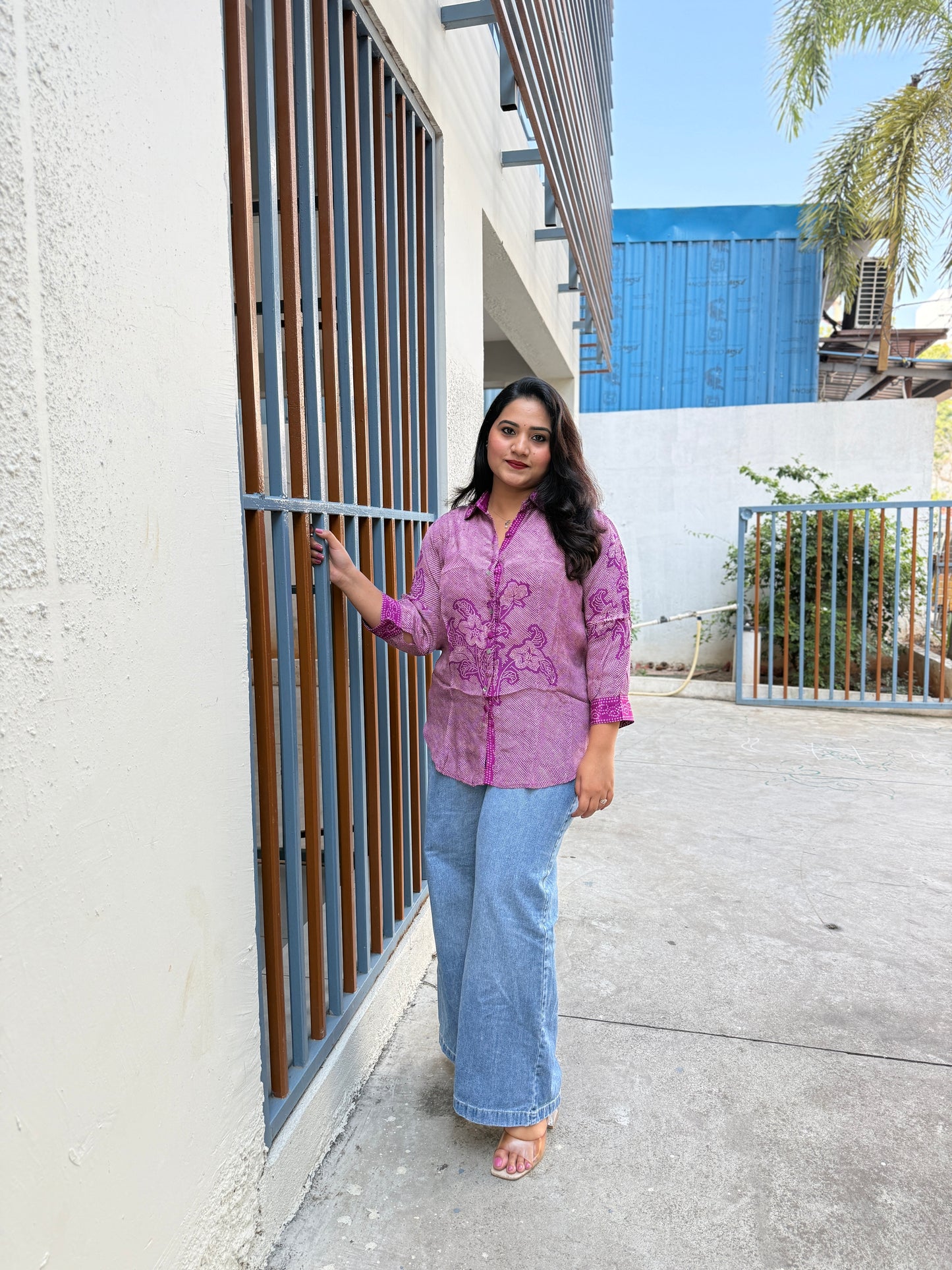 Crepe Bandhani Printed Top with Pintuck Detailing and Metal Buttons for Women