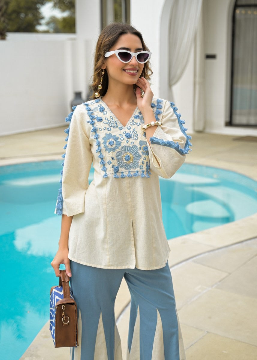 Cotton Embroidered Co-Ord Set with Flared Pants – Women’s Ethnic Fusion Wear (Sizes M–XXL)