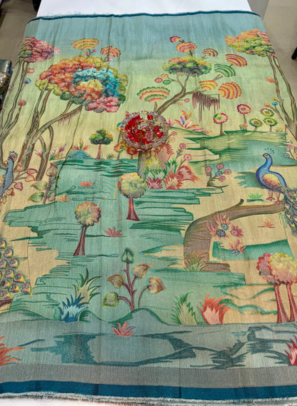 Pure Ziraf Silk Peacock Print Saree with Colorful Nature Motifs and Geometric Border – Soft Silk Printed Saree for Women