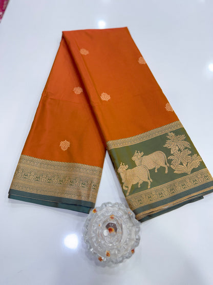 Handloom styled Silk Pichwai Saree with Woven Border and Contrast Blouse