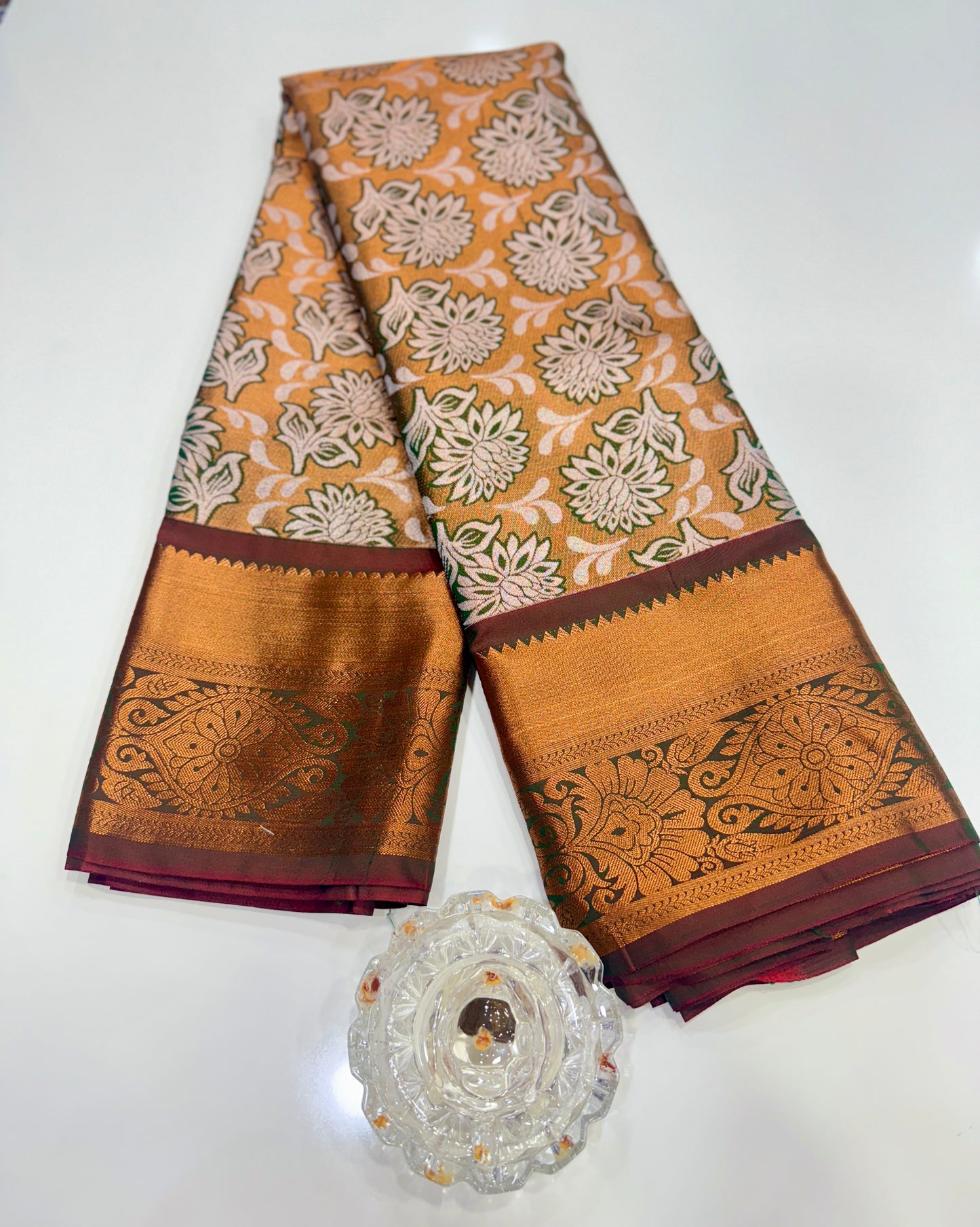 Bridal tissue saree for women with woven zari work and contrast border, kanchipuram style powerloom saree with blouse fabric