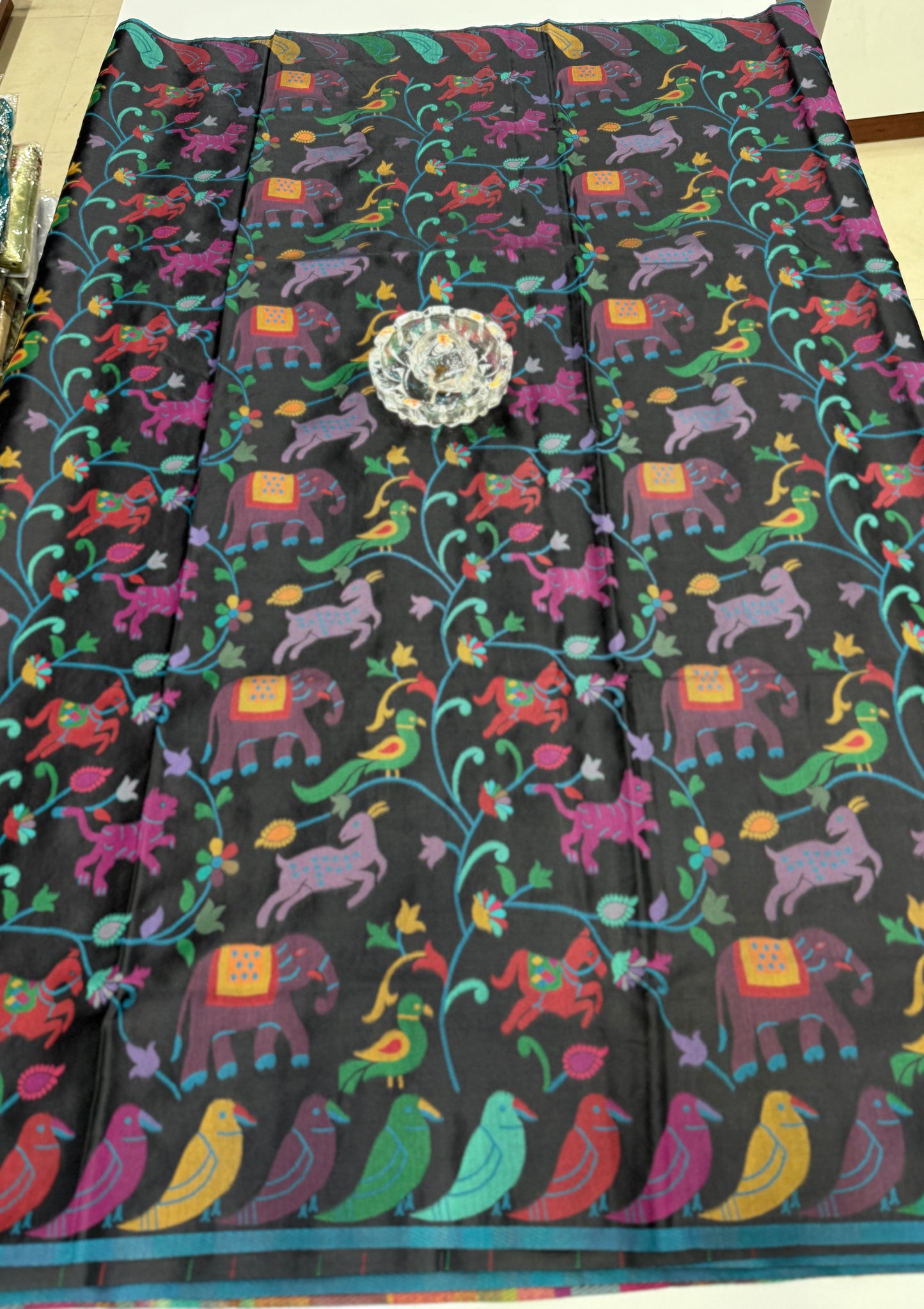 Soft silk printed saree with multicolour ethnic motifs and contrast blouse piece