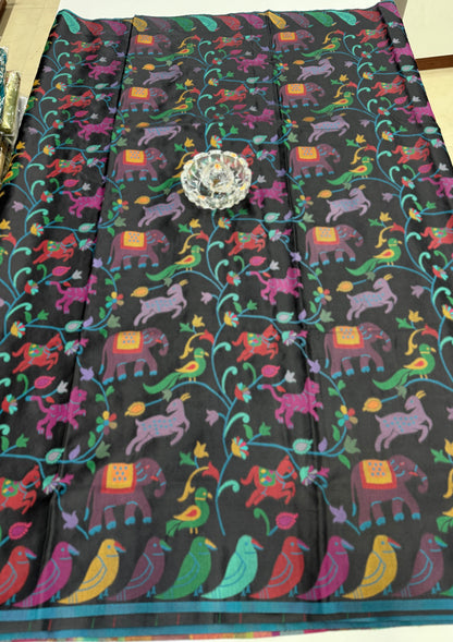 Soft silk printed saree with multicolour ethnic motifs and contrast blouse piece