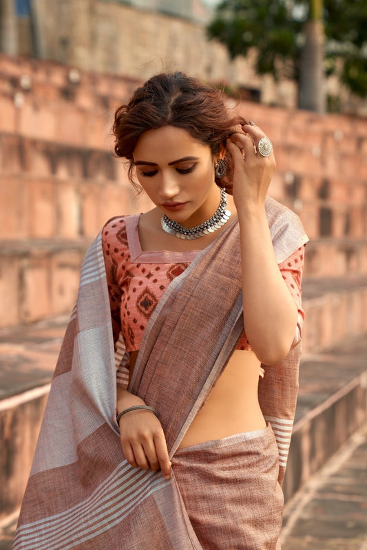 linen silk saree with striped design and border – lightweight ethnic wear for women