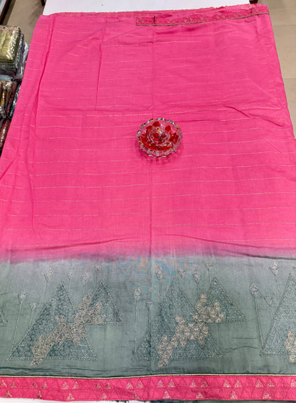 Omber Dual Shaded Designer Silk Saree with Embroidery Lace Work, Patchwork and Art Silk Blouse