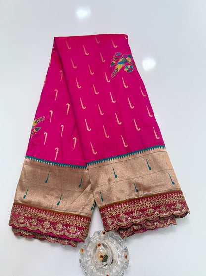 Paithani Lace Border Soft Silk Saree with Contrast Blouse for Women