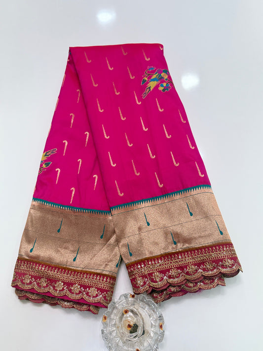 Paithani Lace Border Soft Silk Saree with Contrast Blouse for Women