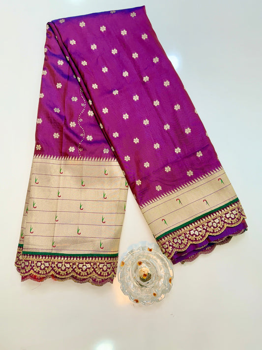 Paithani Lace Border Saree with Parrot Motifs and Contrast Blouse