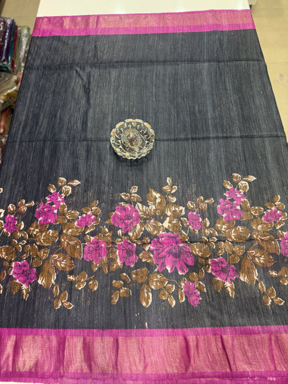 Pure Tussar Ghicha Silk Saree with Zari Border and Printed Design – Silk Mark Certified Handloom Saree