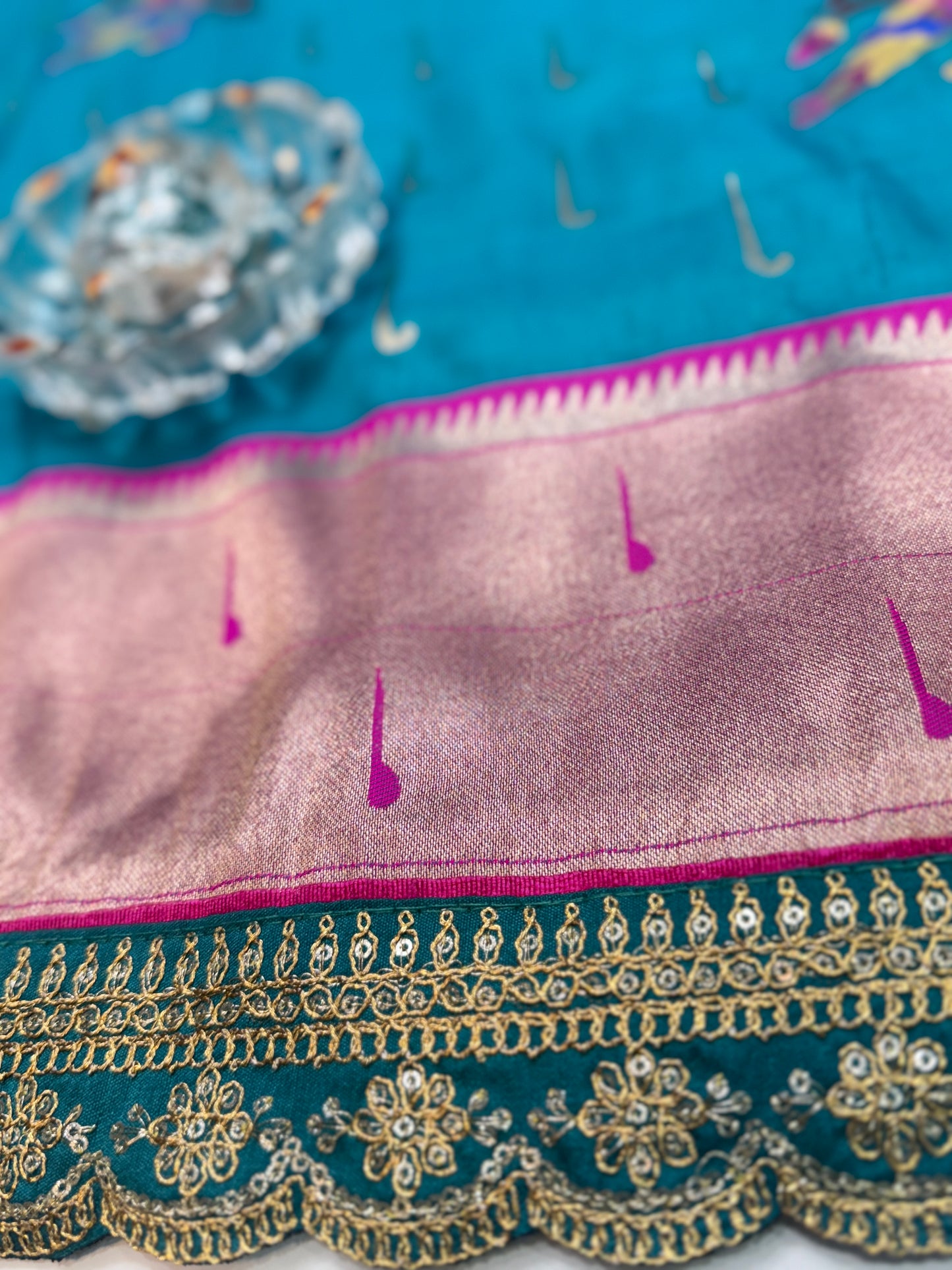 Paithani Lace Border Soft Silk Saree with Contrast Blouse for Women