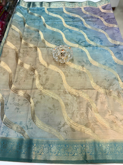 Bamboo Silk Floral Printed Saree with Rich Decorative Pallu, All Over Rich Leheriya Pattern