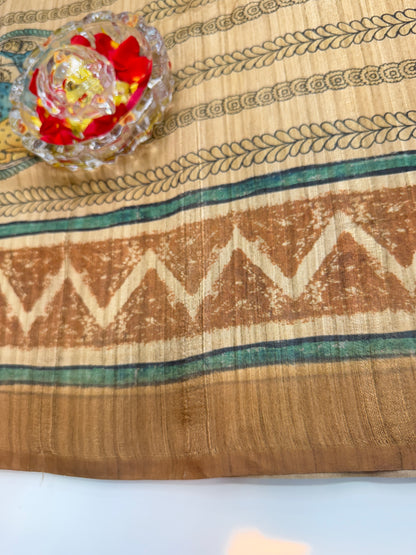Silk Blend Printed Saree with Traditional Art Motifs and Glossy Texture – Festive Wear for Women