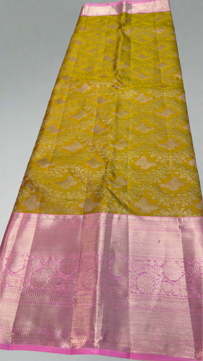 Handloom Kanchi Silk Saree with Silver Zari Weaving in Mustard Yellow for Women