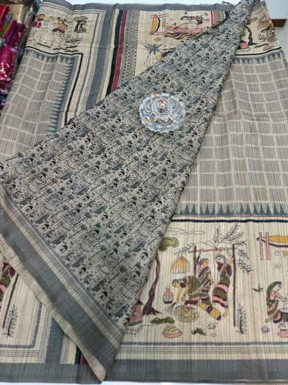 Spider Silk Saree with Folk Art Print Border and Tassel Pallu