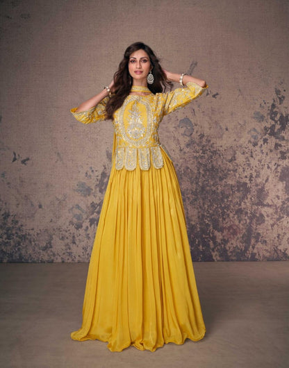 Real Chinon Silk Embroidered Kurta Set with Dupatta – Free Size Stitched Festive Wear for Women