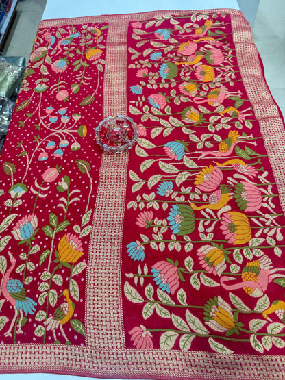 Pure Kaddi Georgette Zari Weaving Saree in Deep Pink with Paisley and Floral Motifs – Premium Festive & Wedding Wear Saree for Women