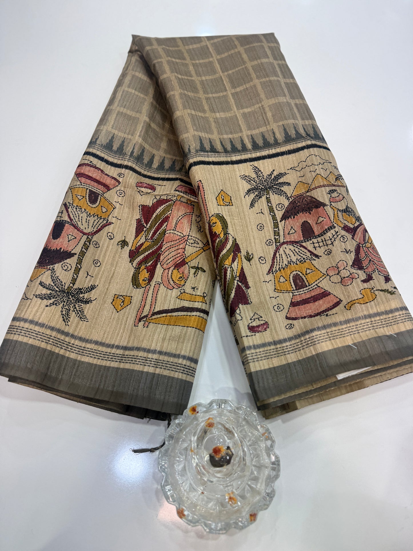 Spider Silk Saree with Folk Art Print Border and Tassel Pallu