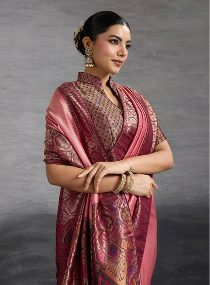 Kanjivaram Soft Silk Saree with Double Zari Weaving and Meenakari Pallu for Women