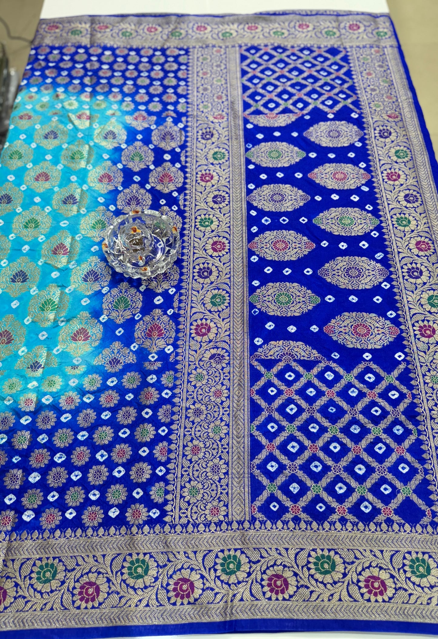 Banarasi dupiyan bandhani saree with semi-weaving neemjari work and hand chunri craftsmanship