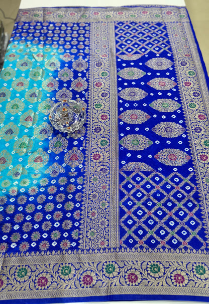 Banarasi dupiyan bandhani saree with semi-weaving neemjari work and hand chunri craftsmanship