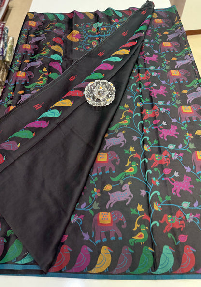 Soft silk printed saree with multicolour ethnic motifs and contrast blouse piece