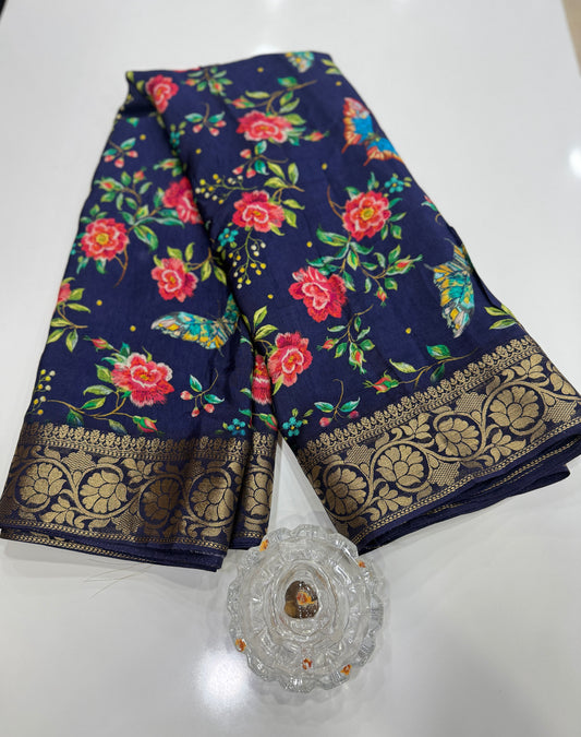 Pure Viscose Crepe silk saree with digital floral print and woven zari border for women