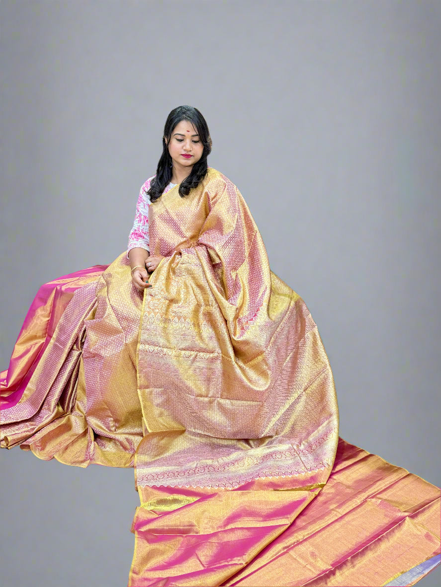 Borderless Pure Silk Handloom Saree in Ivory Gold with Zari Weaving – Festive Collection