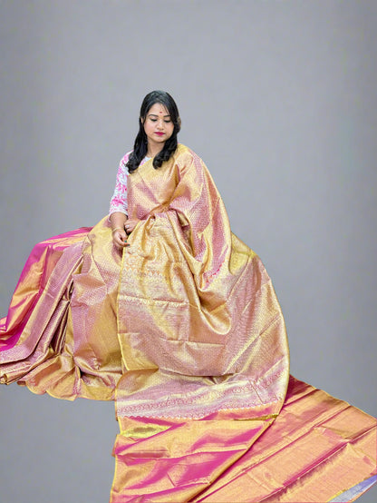Borderless Pure Silk Handloom Saree in Ivory Gold with Zari Weaving – Festive Collection