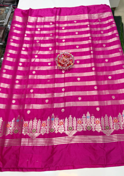 Banarasi Semi Katan Silk Saree with Meenakari Satin Border and Gold Zari Weaving – Traditional Festive Saree for Women