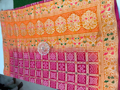 Pure Khaddi Georgette Banarasi Ghatchola Saree with Zari Weaving and Blouse Piece
